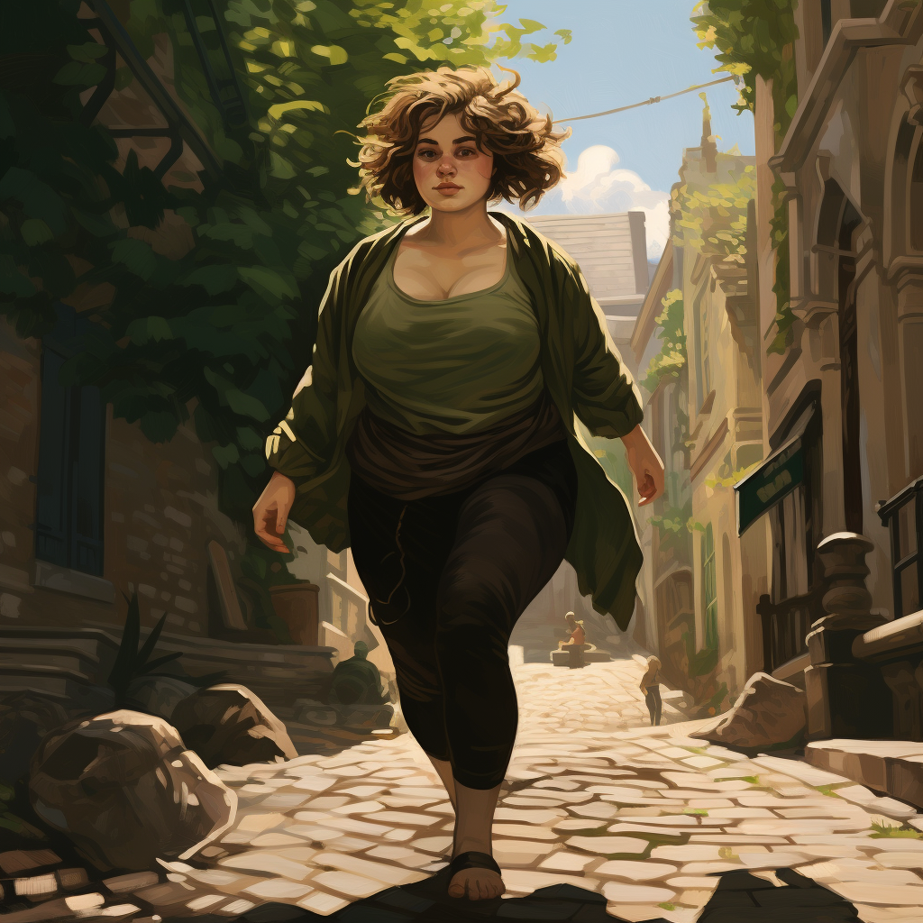 Plus-Sized Woman Walking on a Cobblestone Path