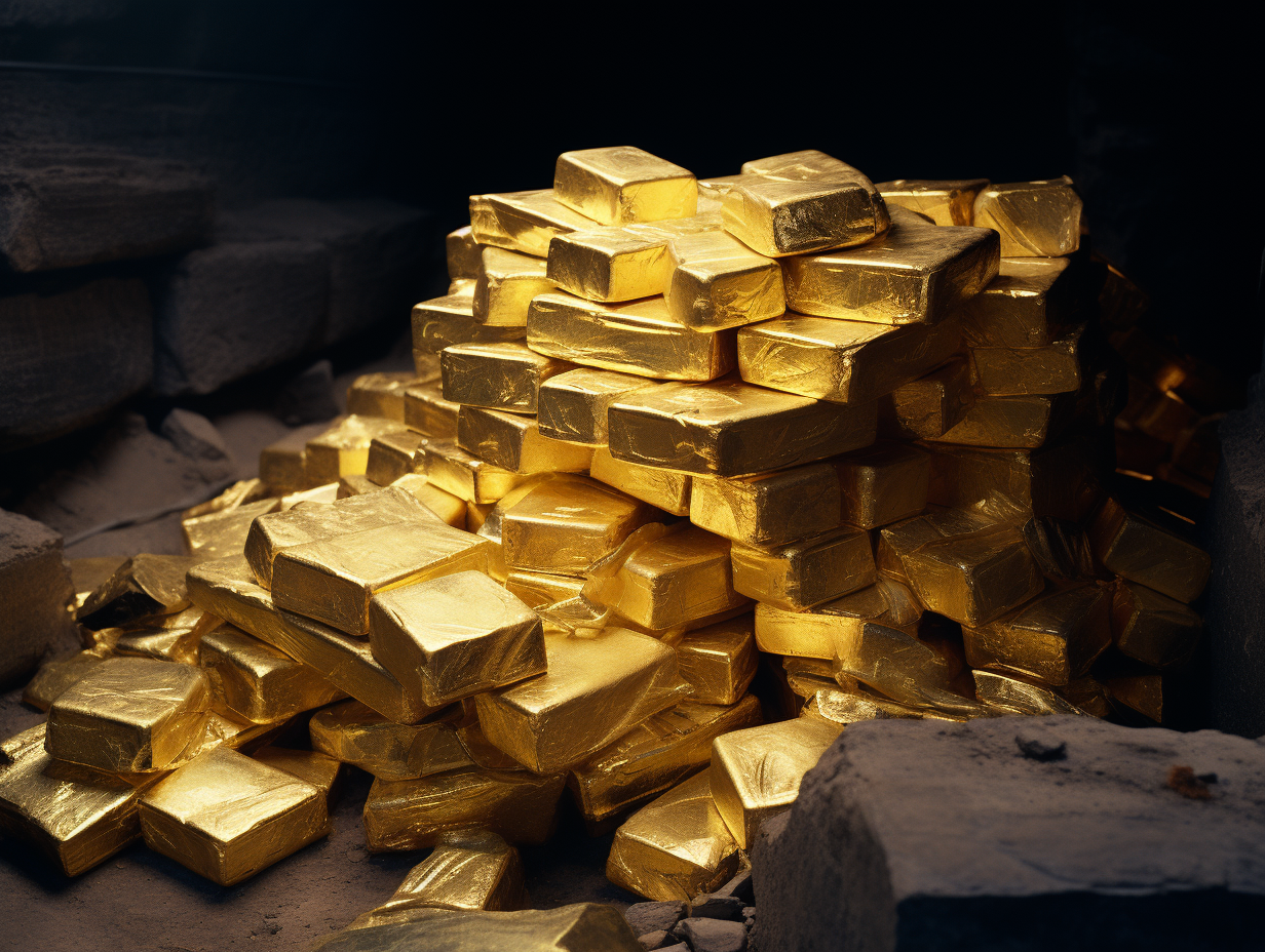 Pile of lustrous gold ingots at Fort Knox