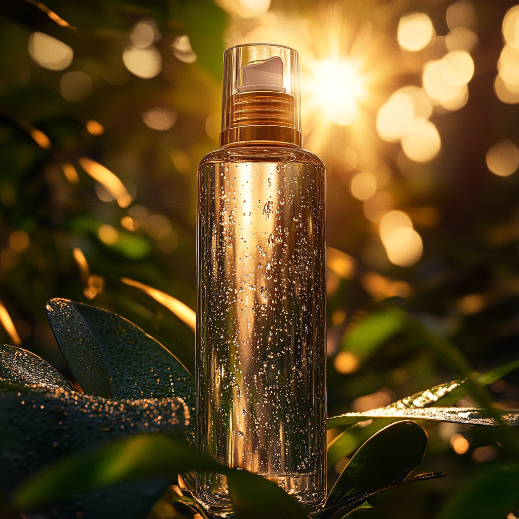 Cosmetic bottle in lush forest