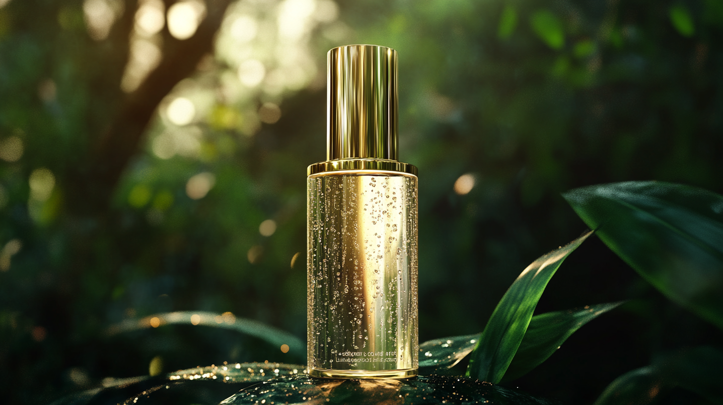 Cosmetic bottle in lush forest