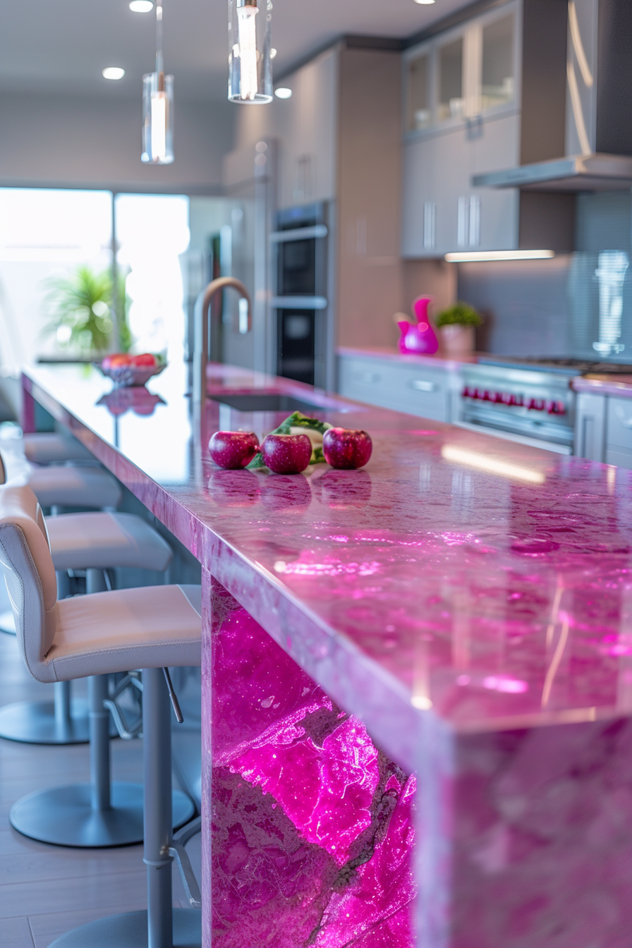 Pink stone countertop kitchen scene