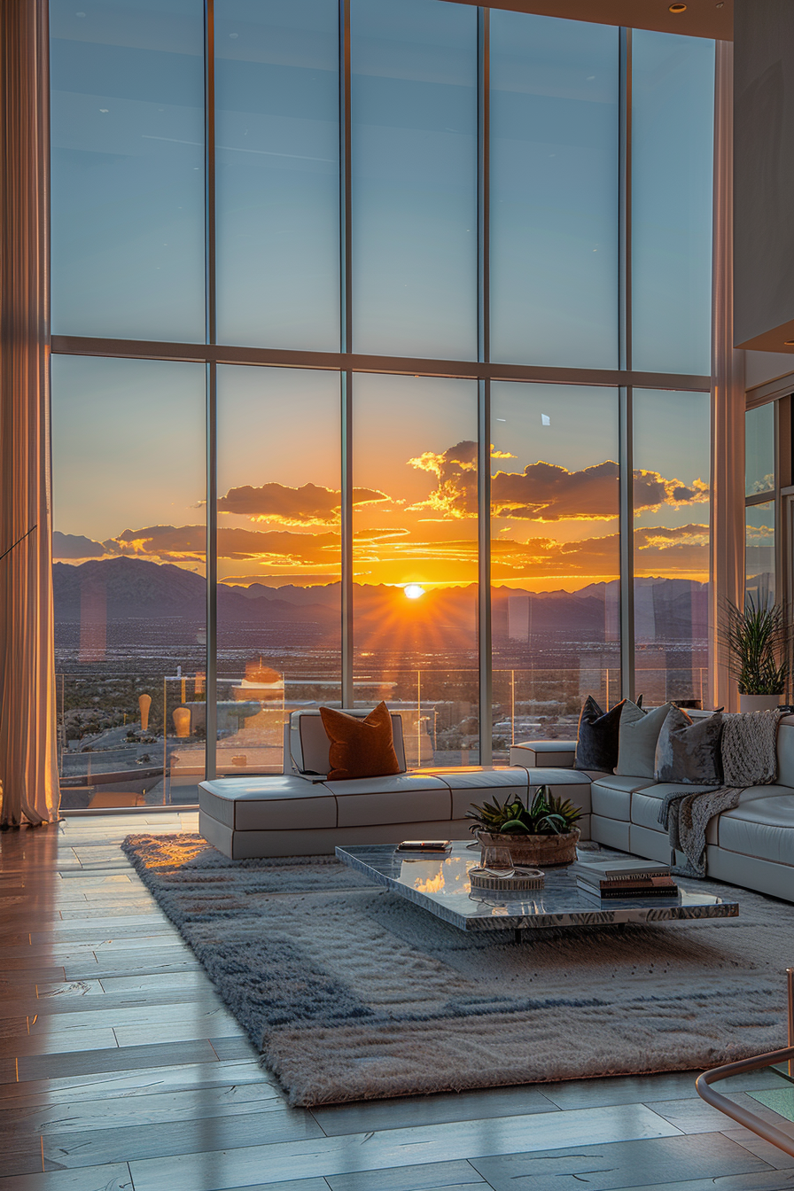 Modern Living Room Sunset View