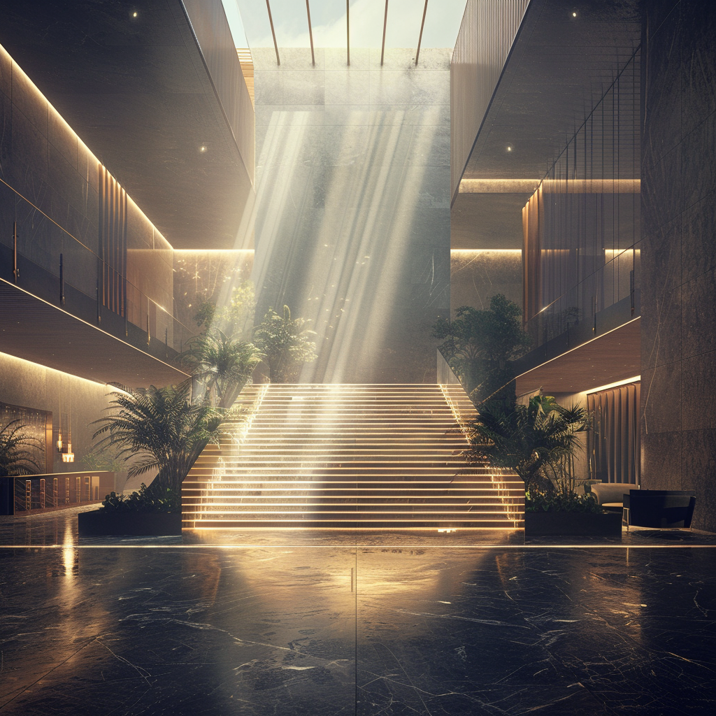 Luxurious lobby staircase glowing light