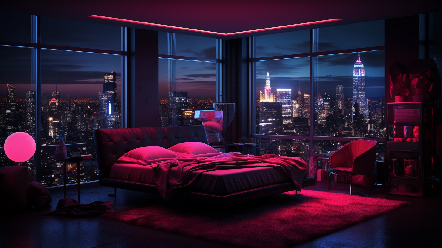 Luxurious neon cyberpunk hotel room