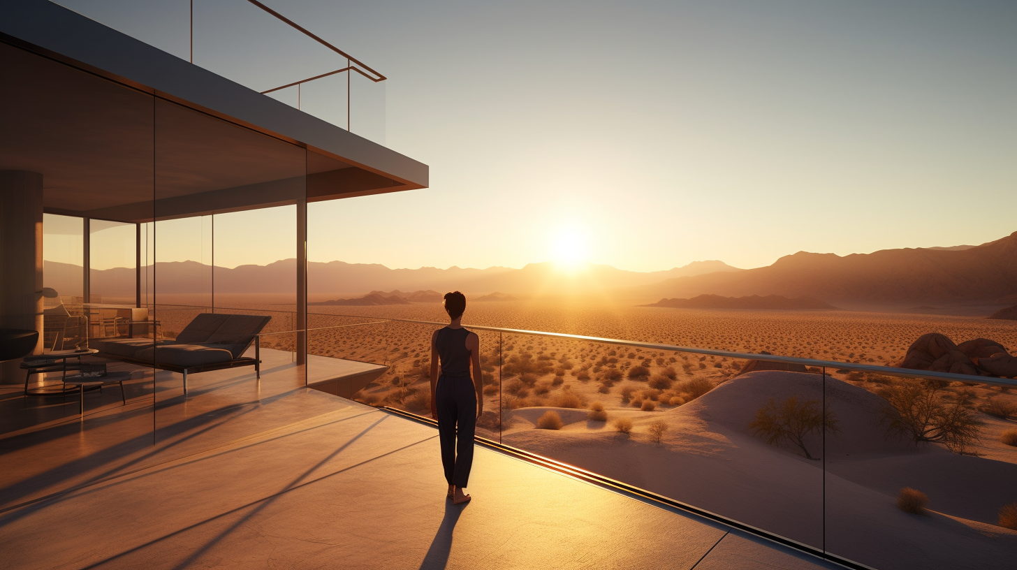 Standing individual on a luxurious real estate terrace