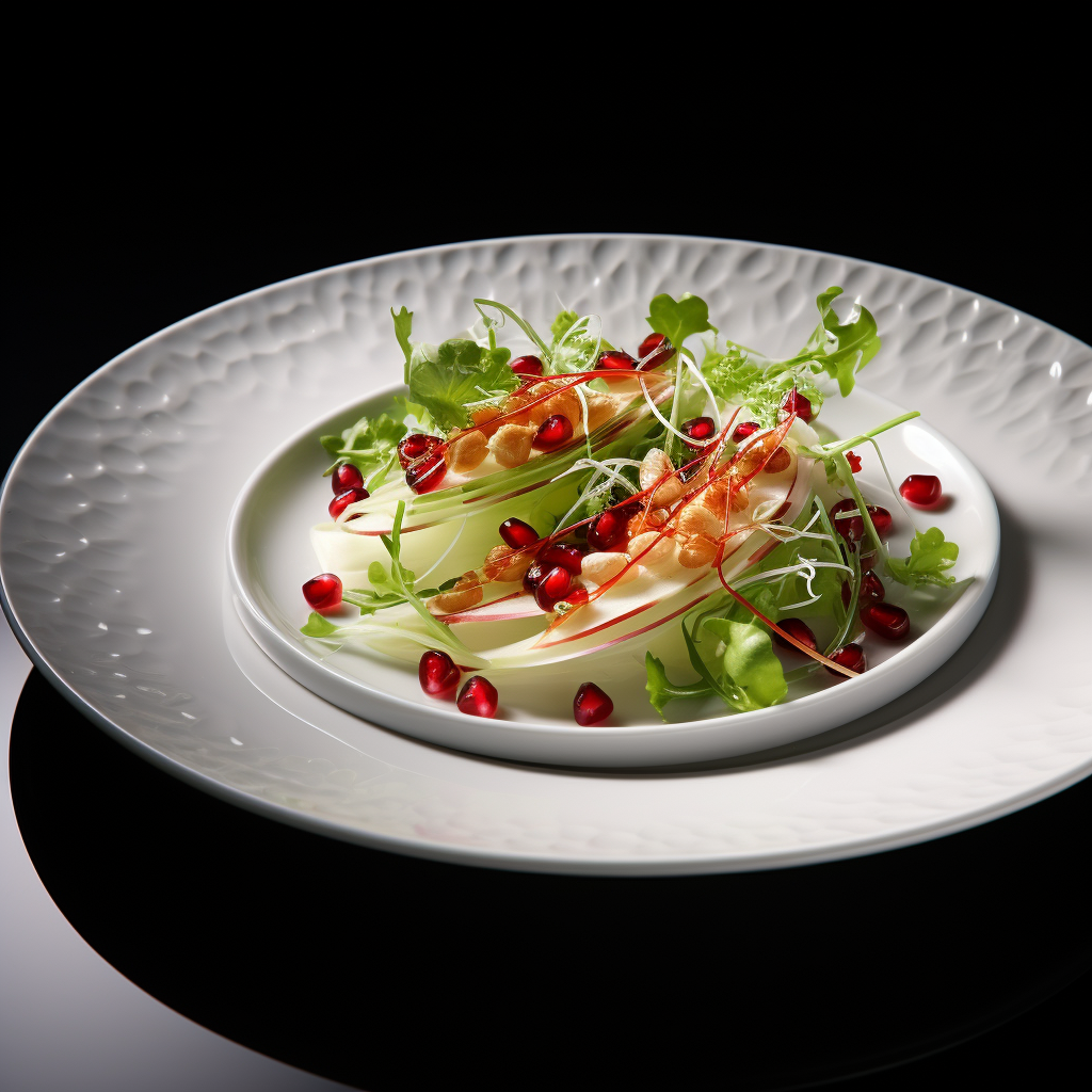 Luxurious Gourmet Salad in White Porcelain Plate with Pomegranate Seeds