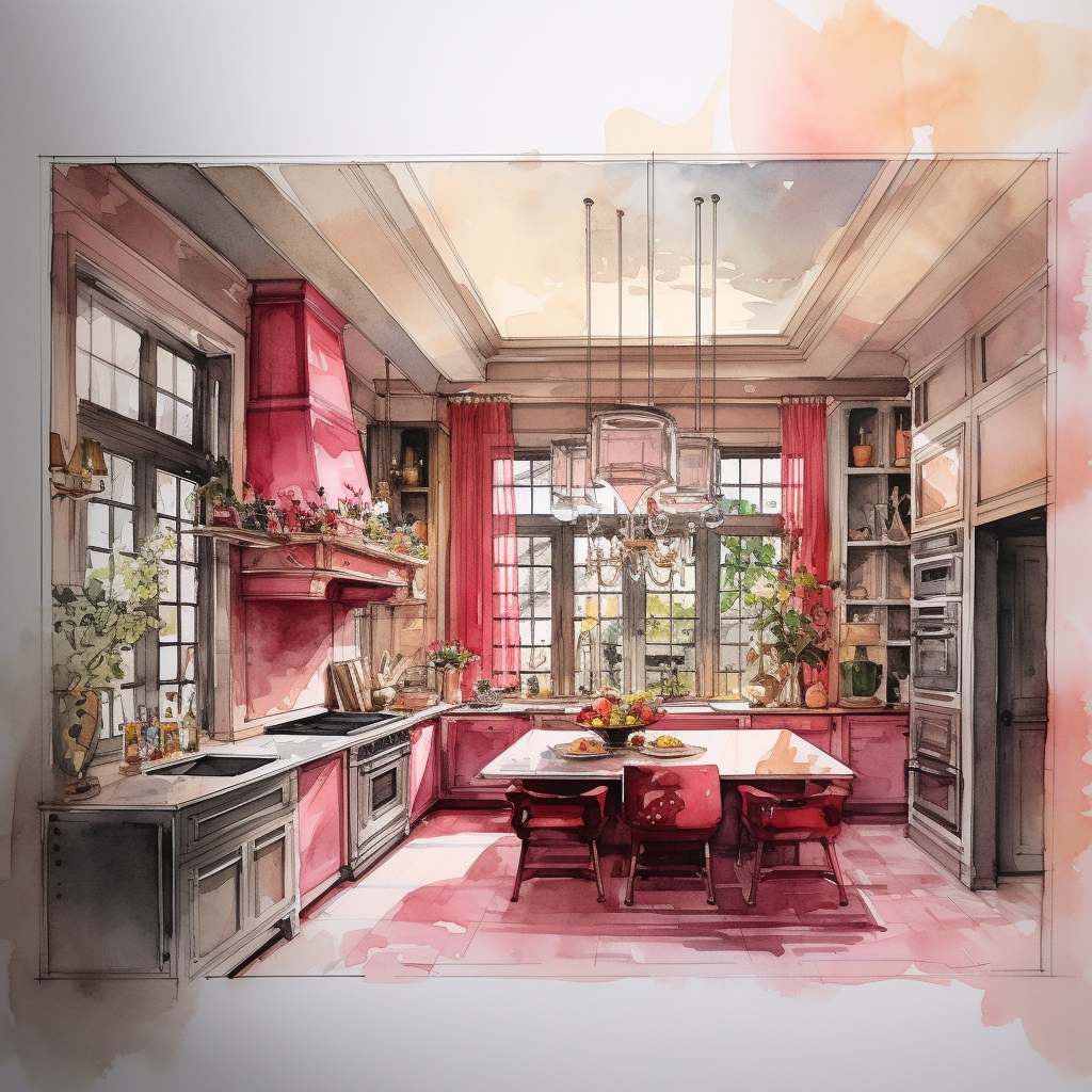 Watercolor kitchen with red and pink tones