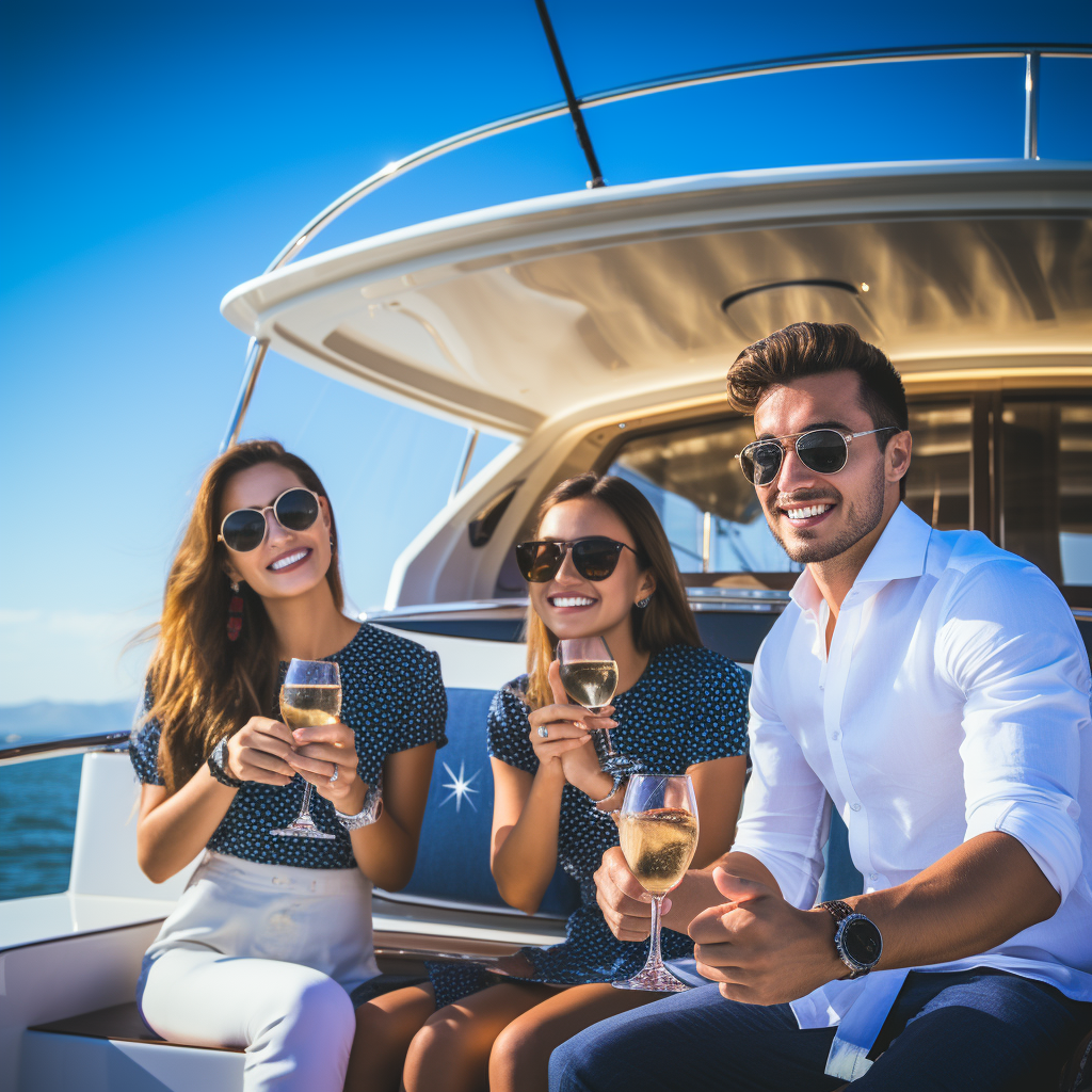 Group of friends enjoying gin and tonic on a luxurious yacht