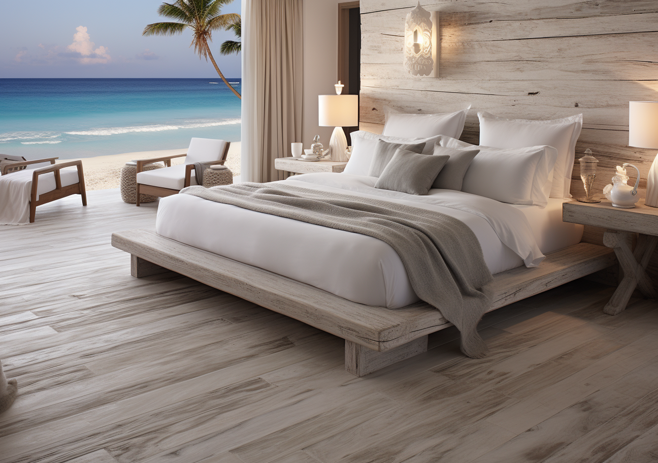 Luxurious sea view hotel room with off-white plaster and oak floor