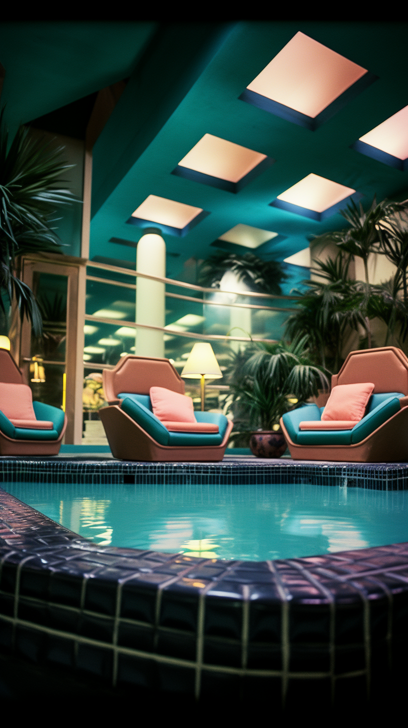 Grainy wide angle photo of a luxury 80s indoor swimming pool