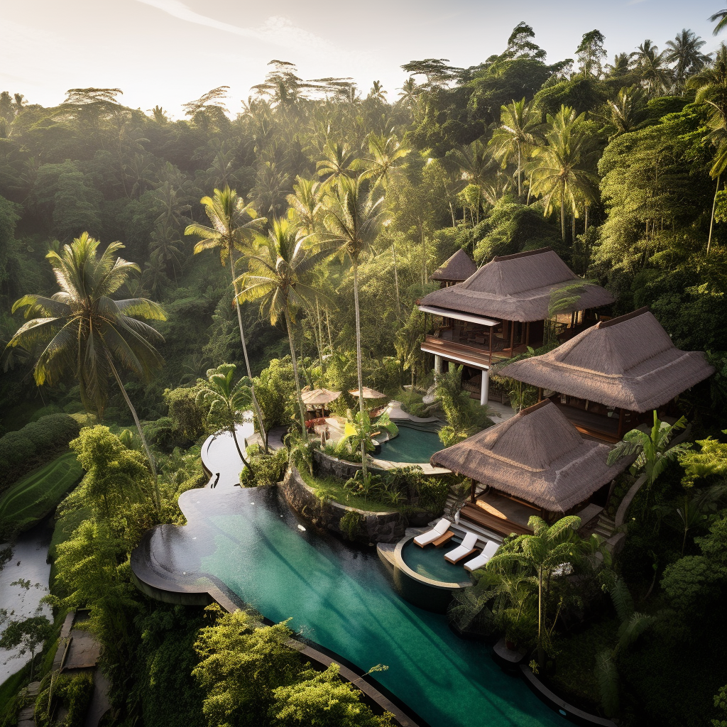 Aerial view of luxury Bali villa surrounded by lush jungle