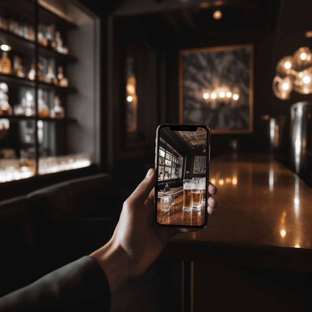 Hand holding iPhone in luxury bar