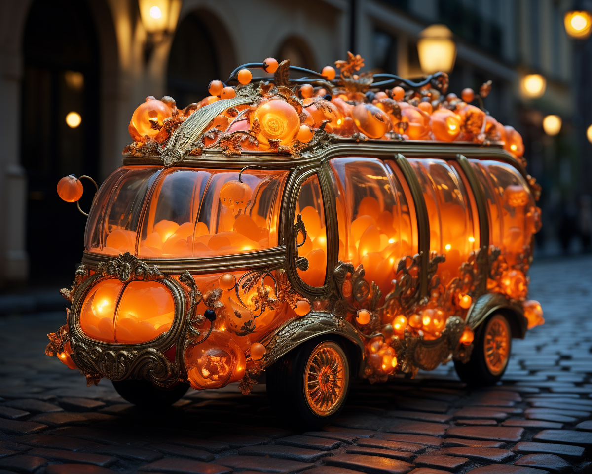 Luxury baroque bus pumpkin sculpture at night