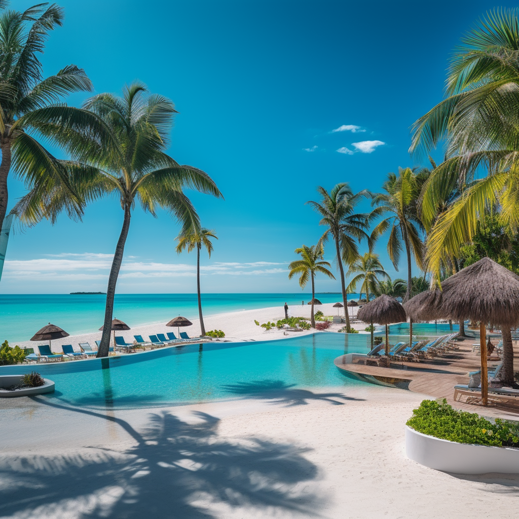 Pristine white sandy beach, turquoise sea, and palm trees