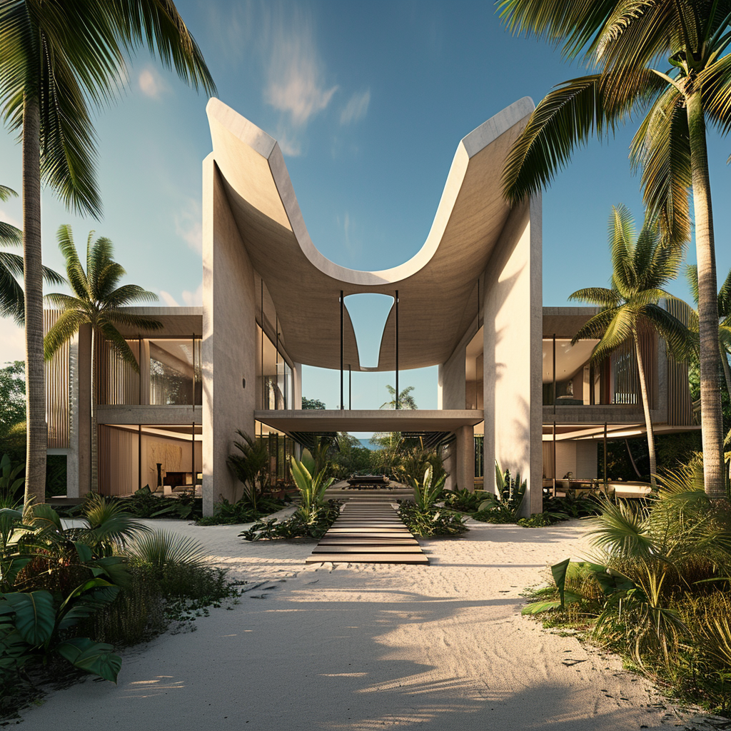 Front view of luxury beachfront villa on a tropical island