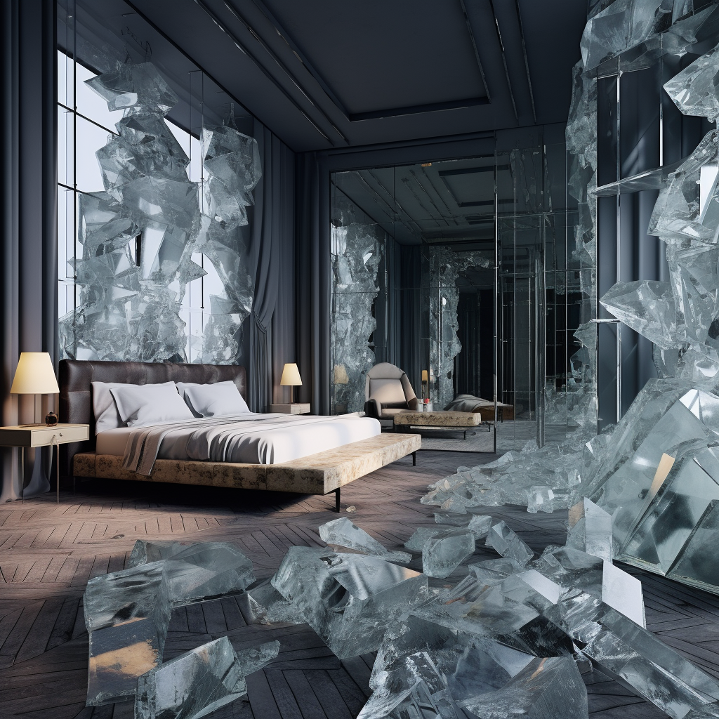 Luxury bedroom with glass walls and icecubes  ?