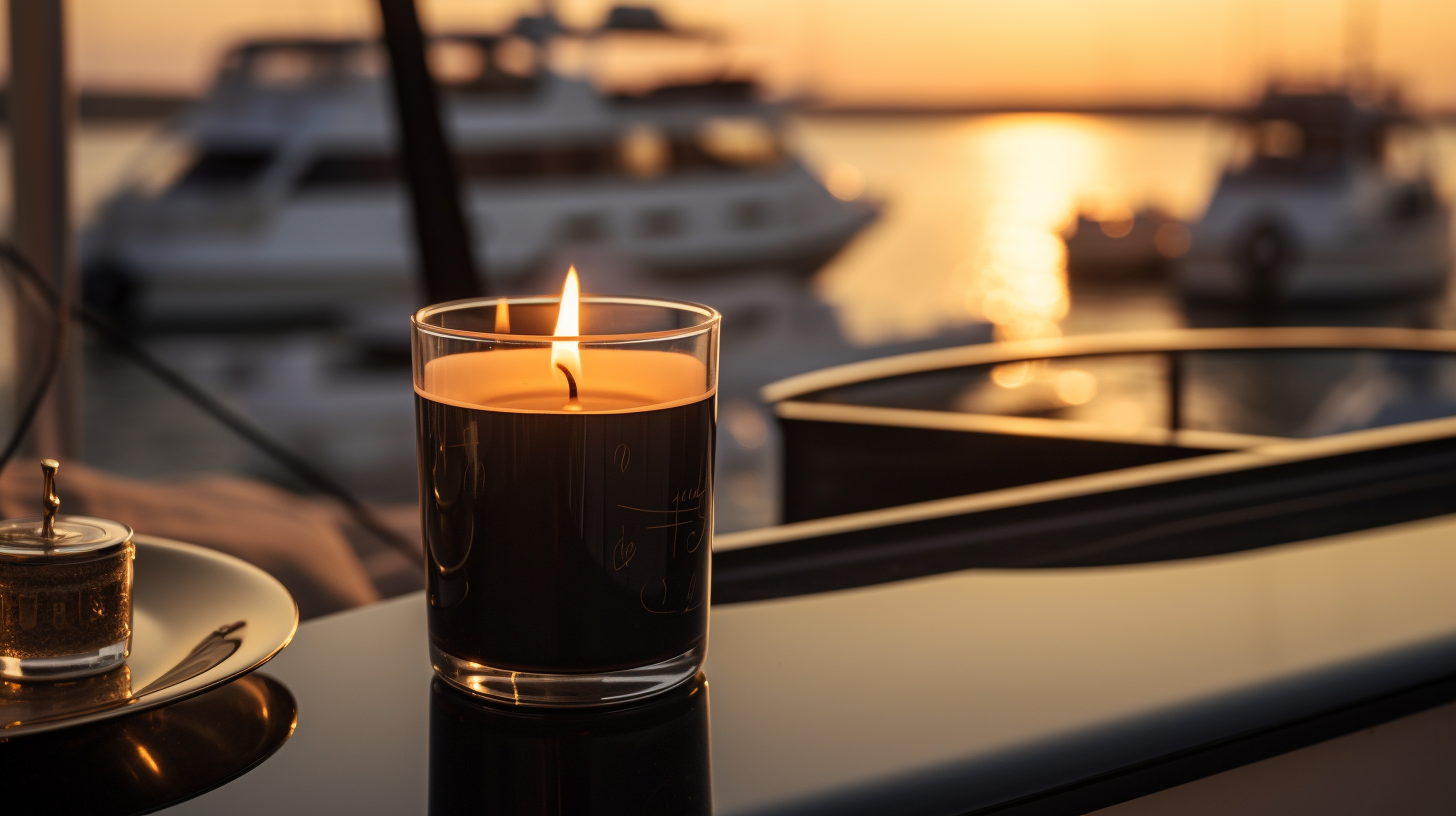 Luxury black candle with yacht at sunset