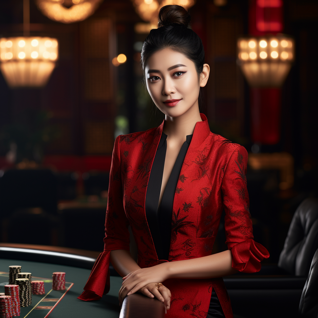 Asian casino dealer welcoming guests with luxury