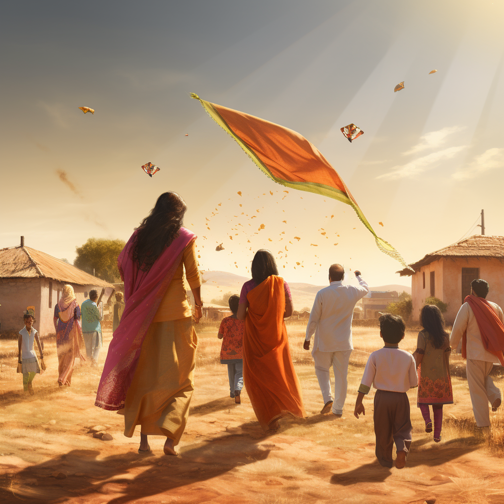 Indian family flying kites with friends