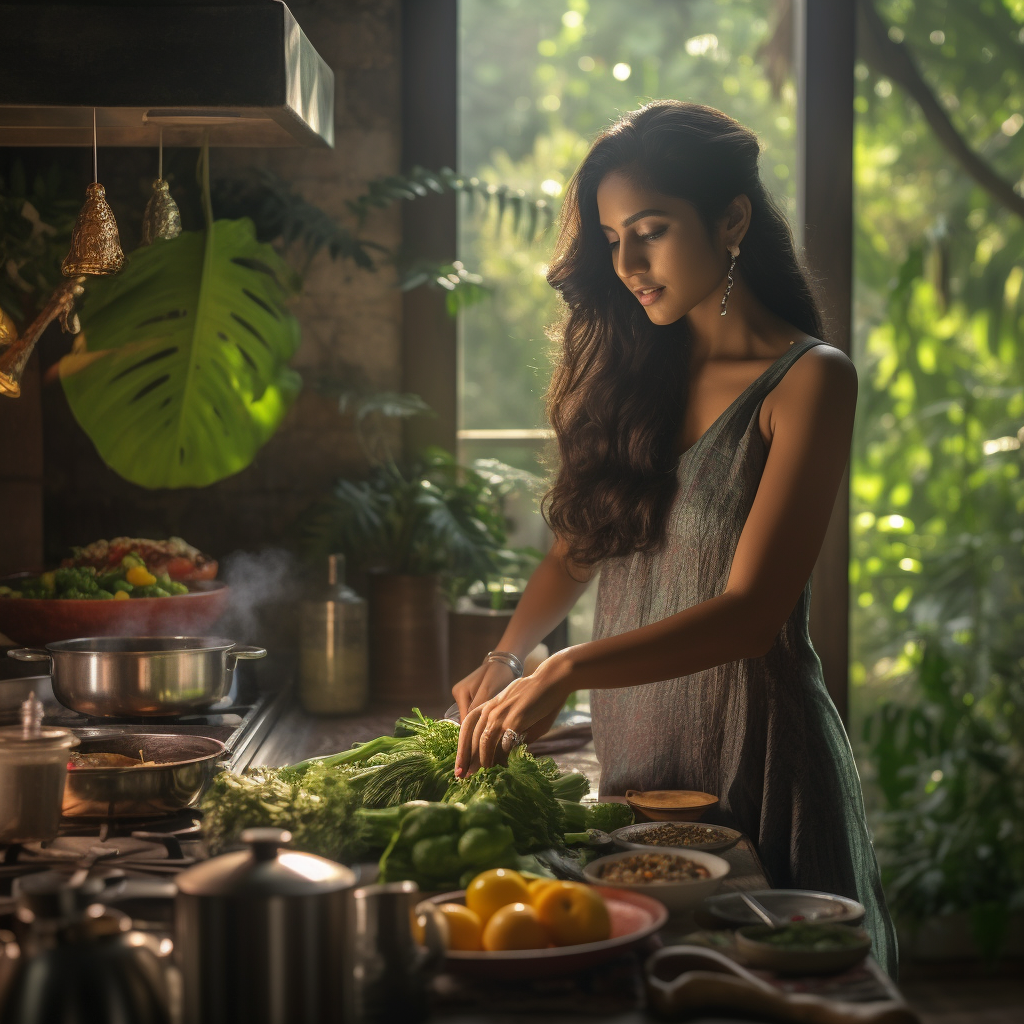 Beautiful South Asian lady cooking in luxury kitchen