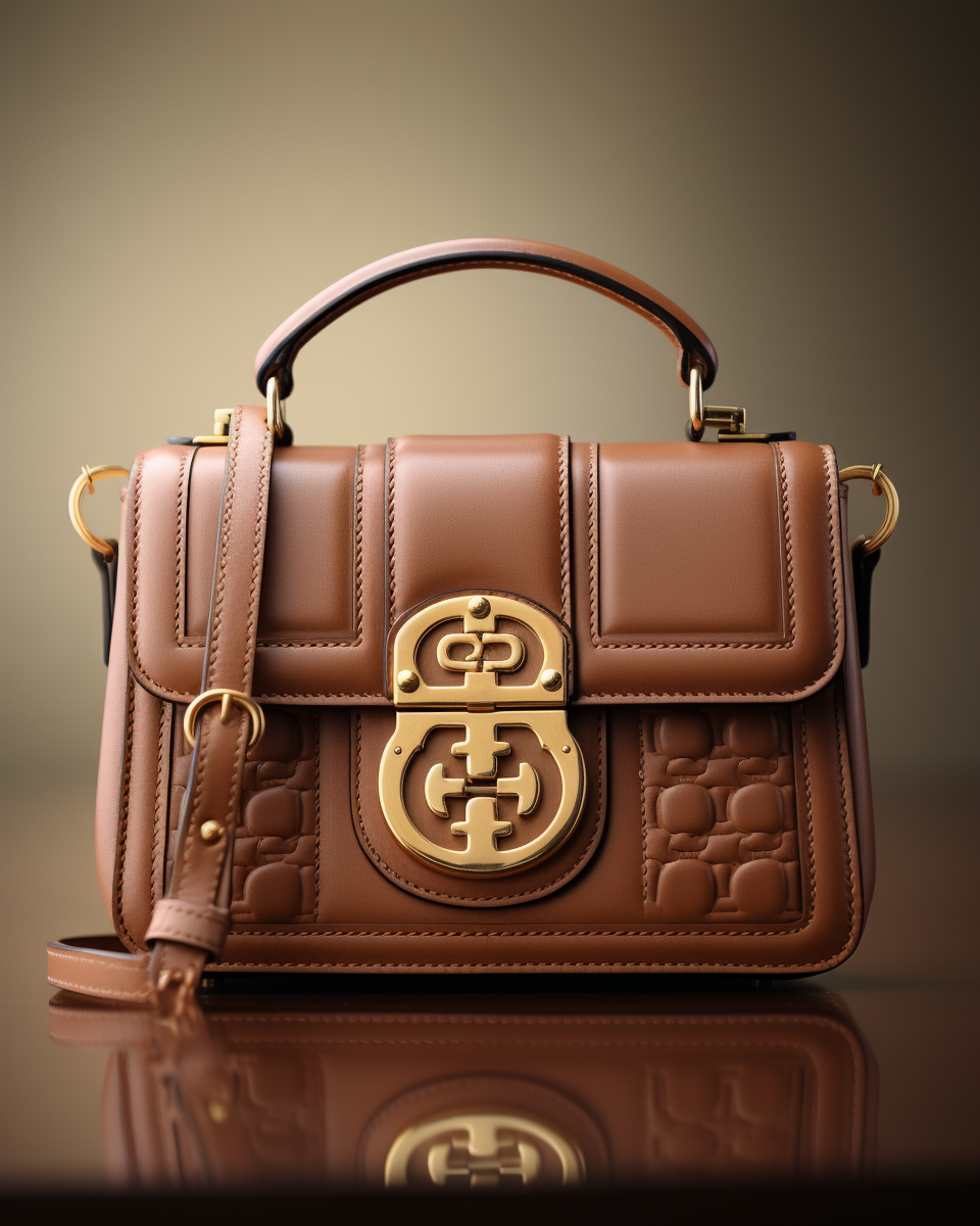 Brown luxury leather handbag with gold buckle