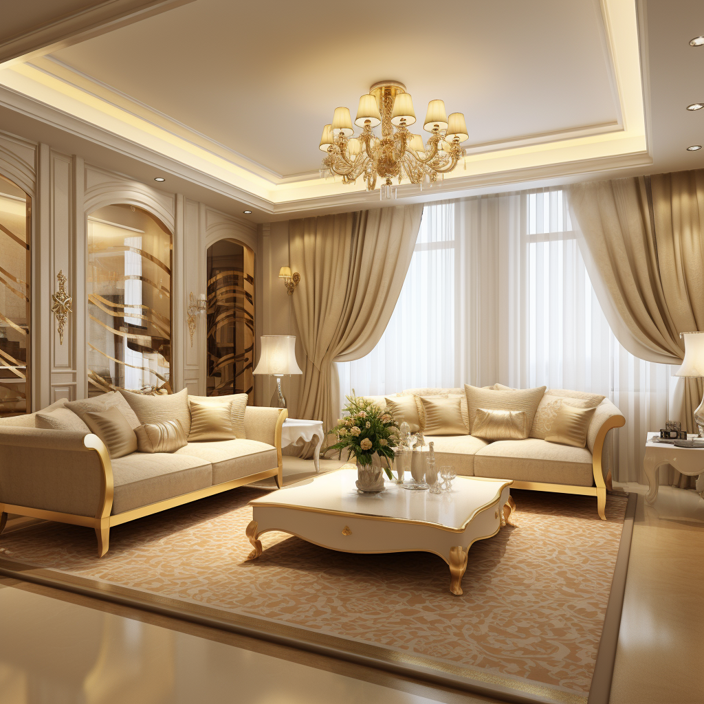 Luxury family room design with golden color scheme