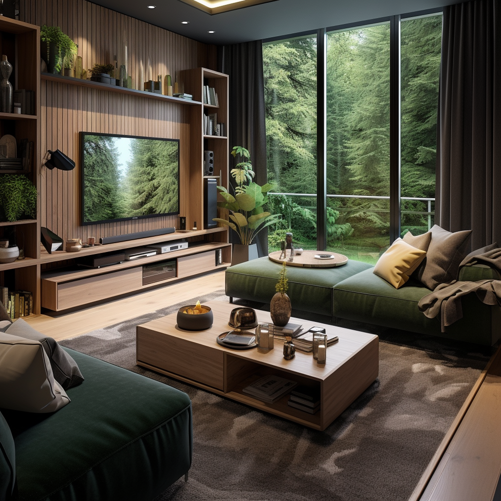 Luxurious living room with woods decor and lights