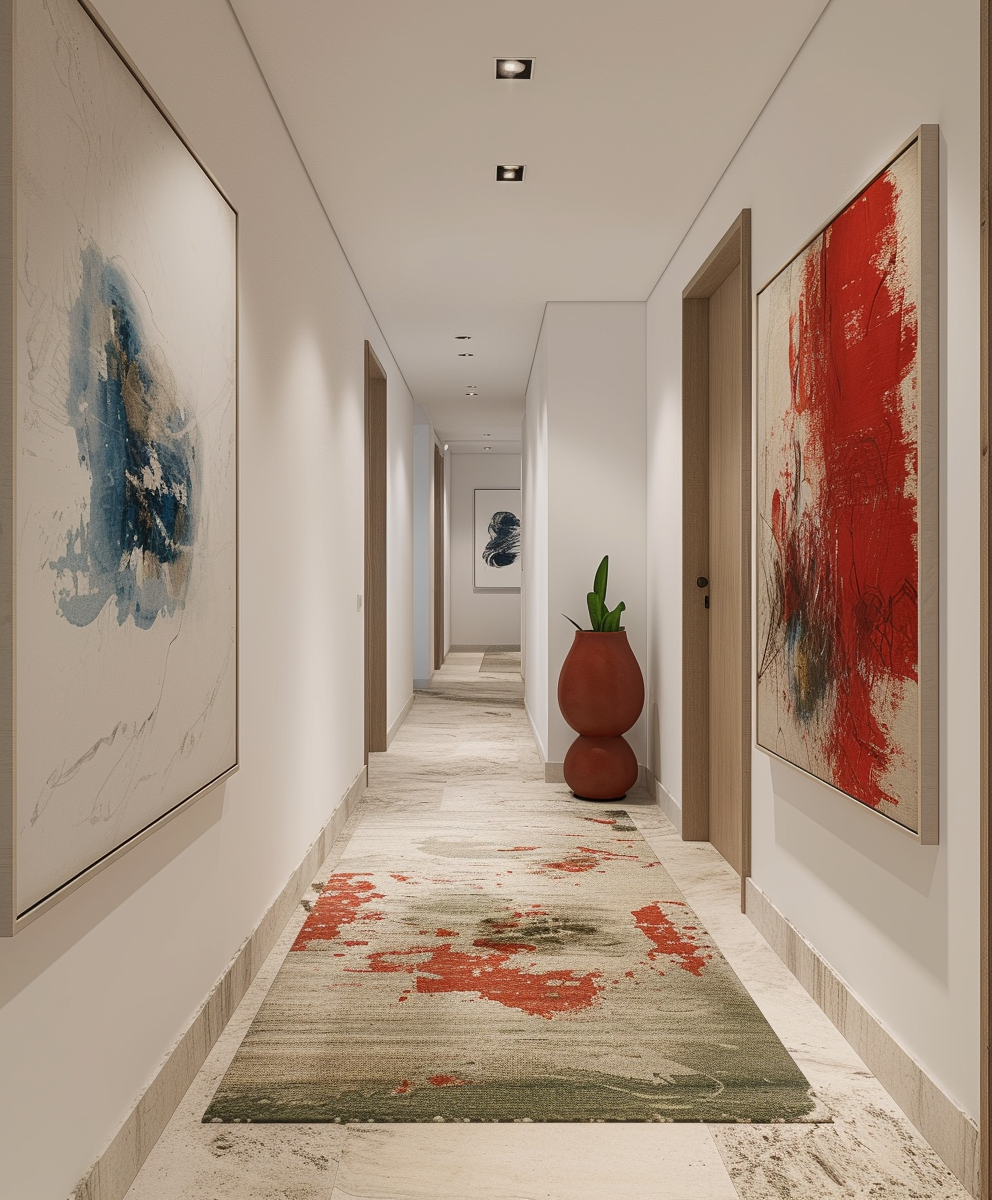 Modern Minimal Hallway with Artwork and Rug