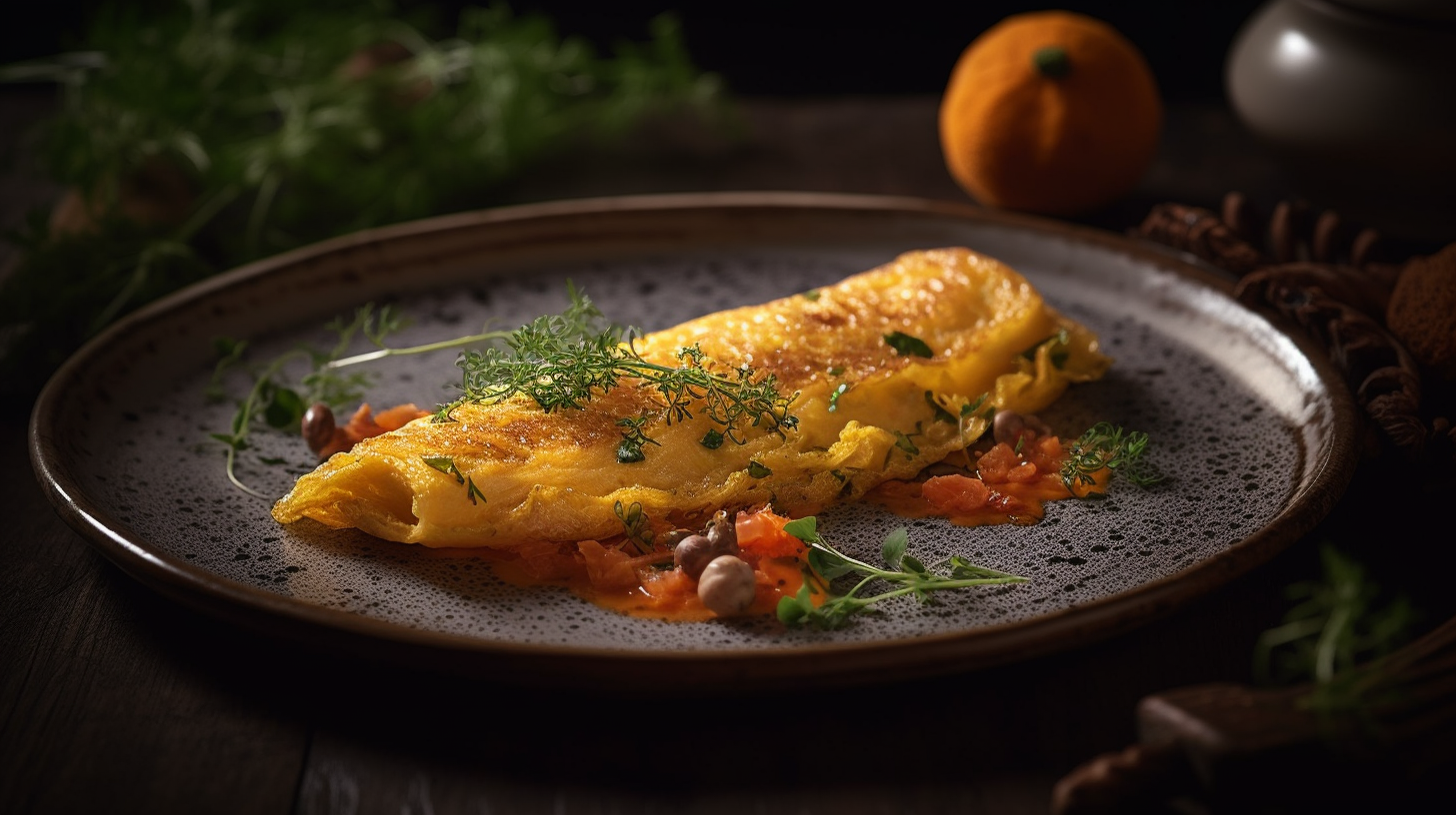 Omelet in a luxurious Michelin kitchen with depth of field