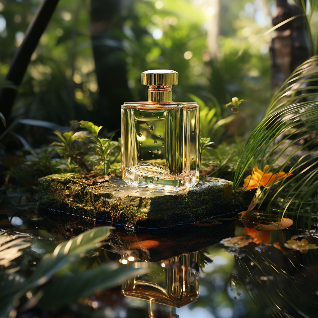 Exquisite luxury perfume on gold with jungle backdrop