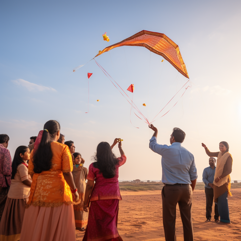 Luxury Indian family flying kites on Makar Sankranti