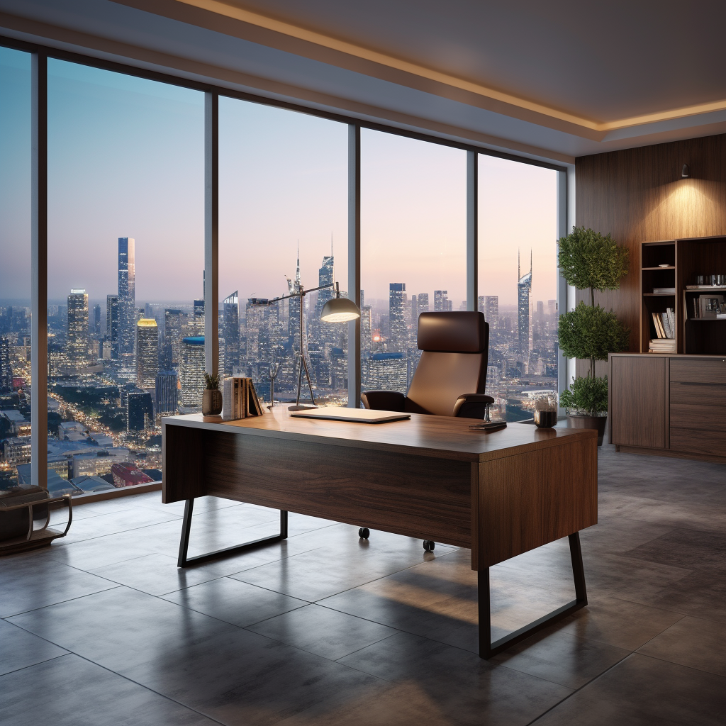 Executive Leader Workspace Desk with Cityscape Background