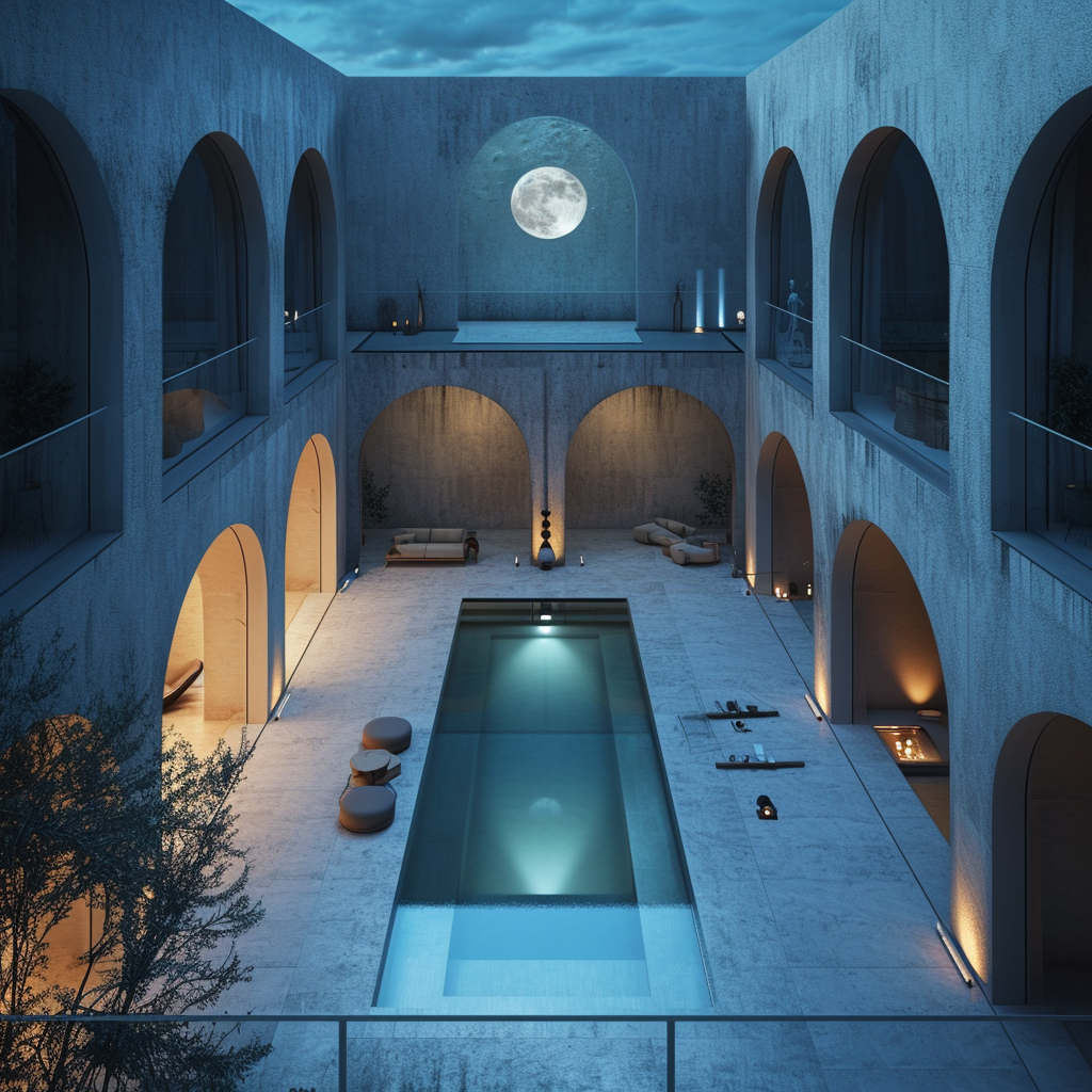 Luxury spa architectural visualization with moonlit desert video wall