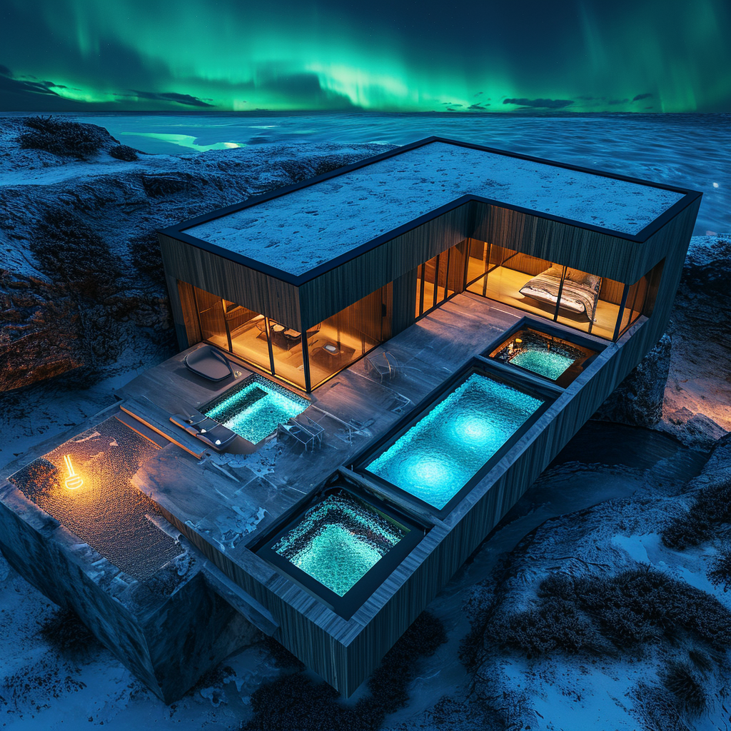 Aerial view of luxury spa with aurora borealis projection