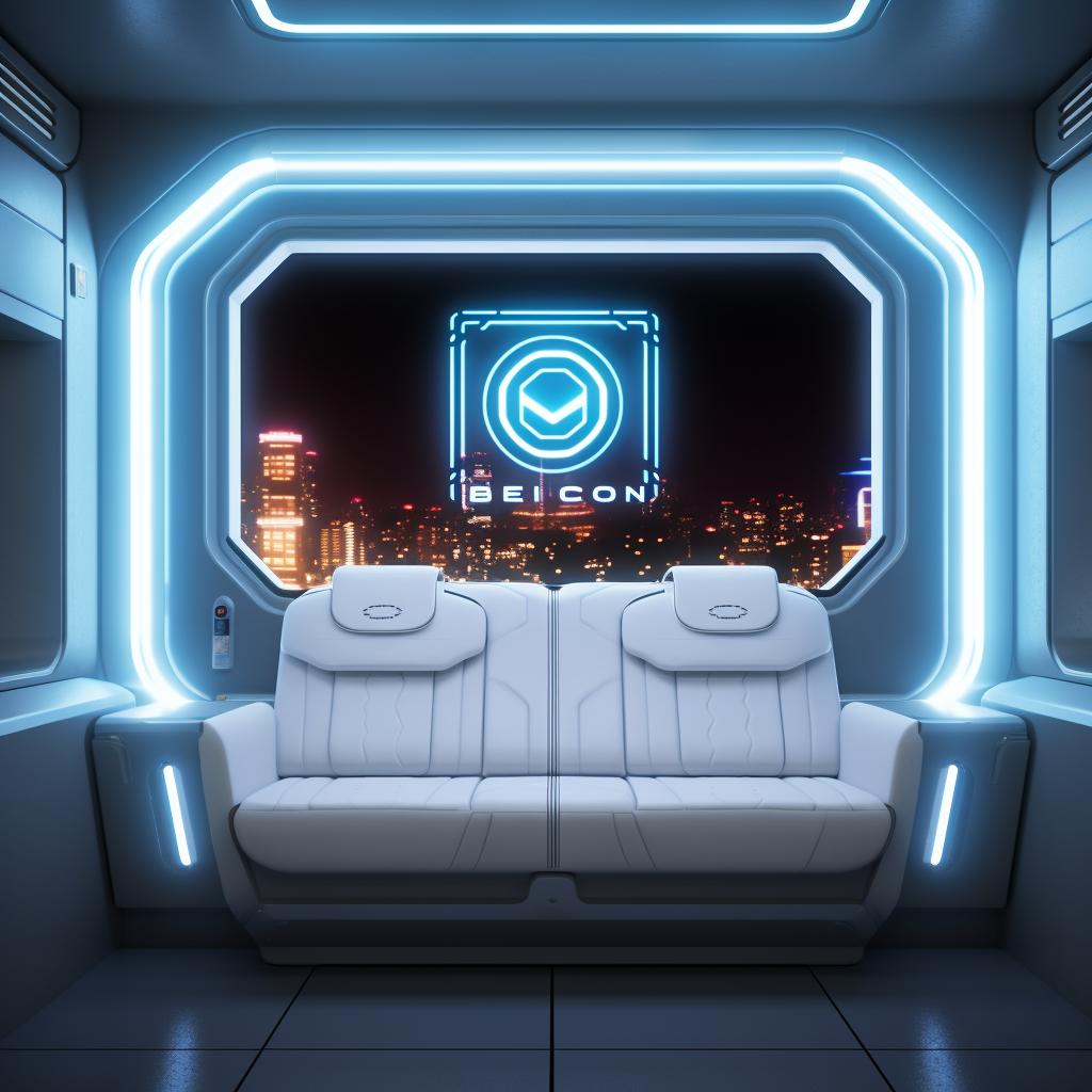 Luxury spaceship interior with neon bitcoin symbol