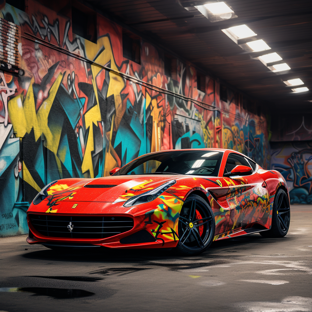 Luxury sports car with custom graffiti wrap