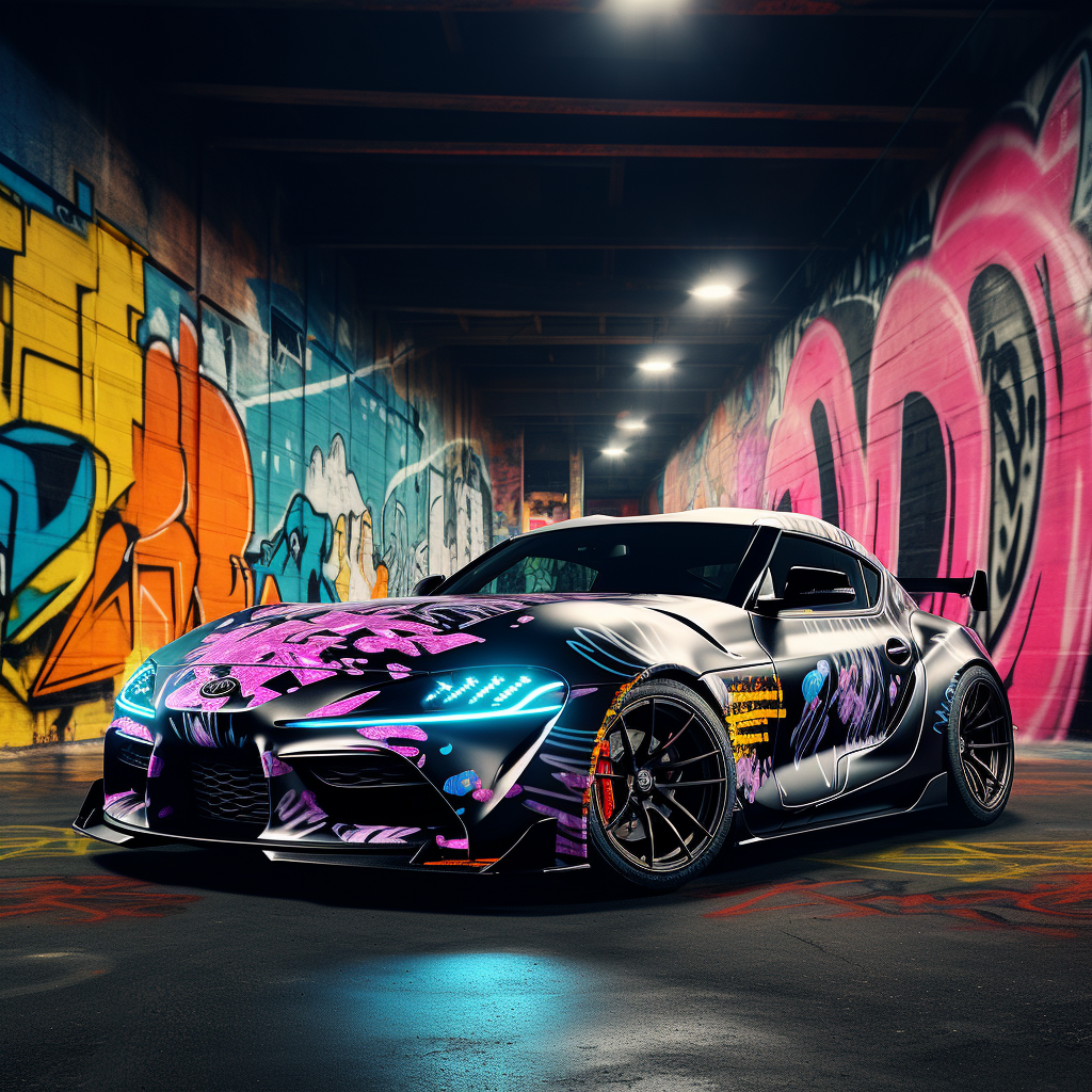 Photorealistic 3D image of luxury sports car with graffiti wrap