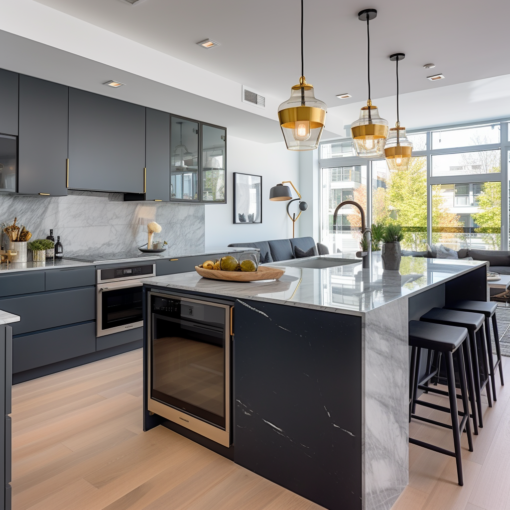 Modern luxury kitchen with black countertops and grey cabinets