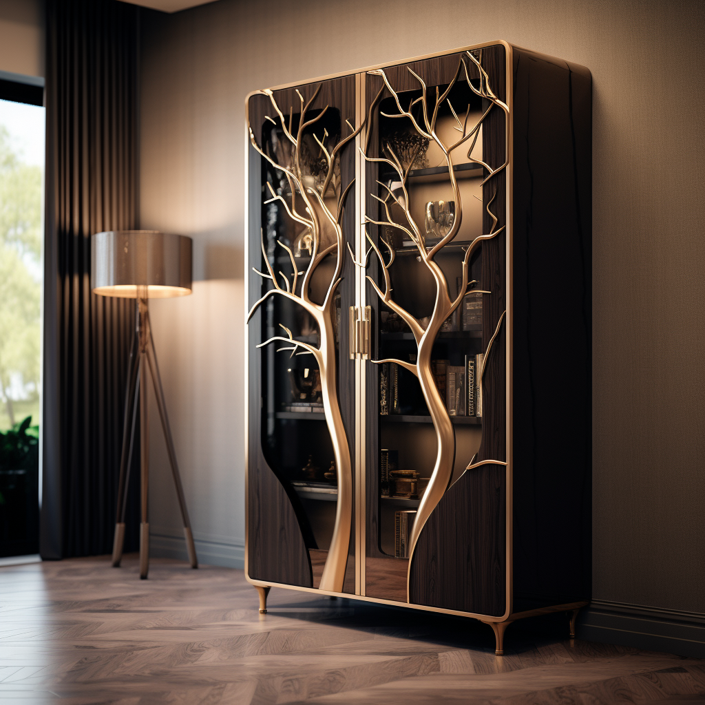 Stylish wood and metal cabinet in hallway