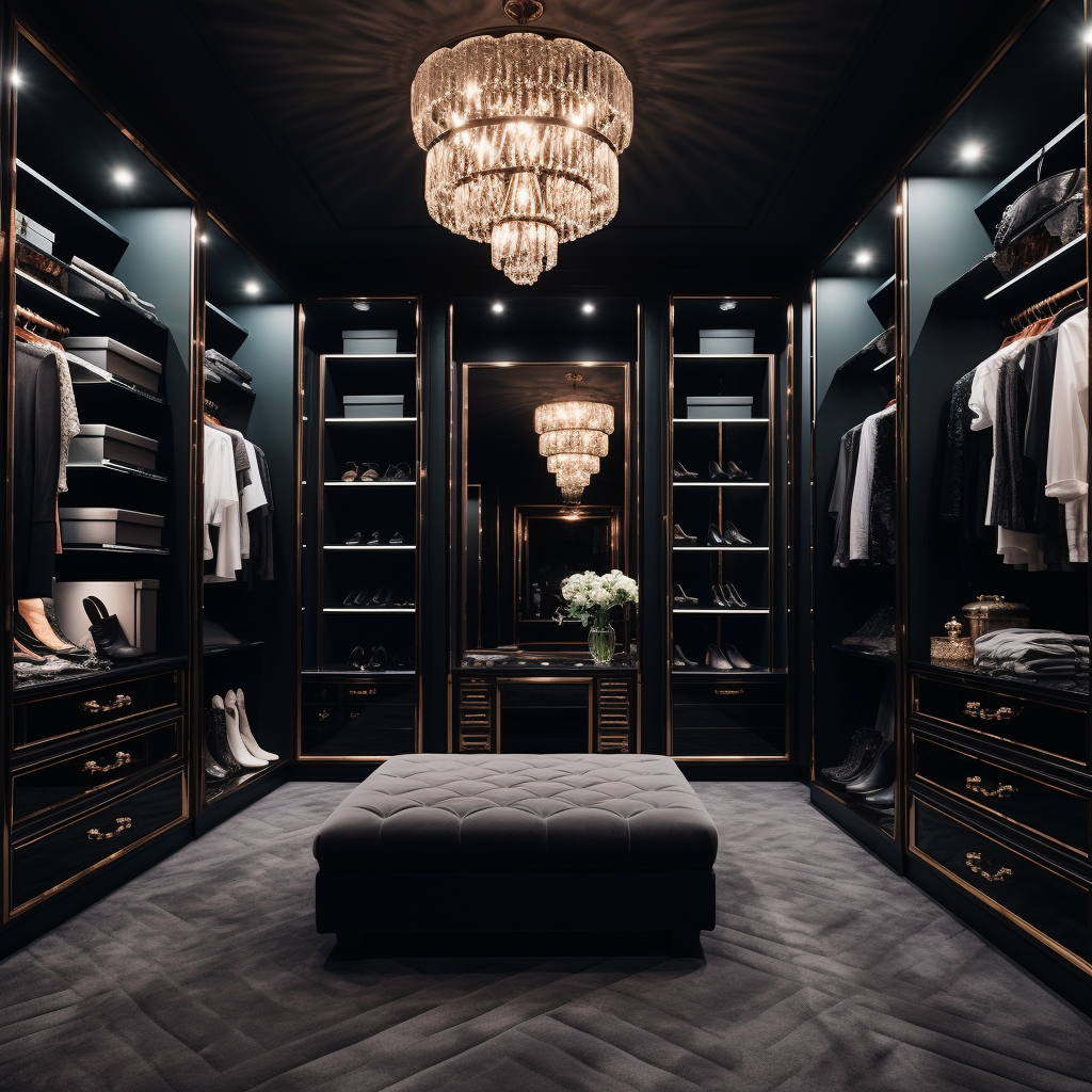 Luxury walk-in closet with vast clothing and shoe collection