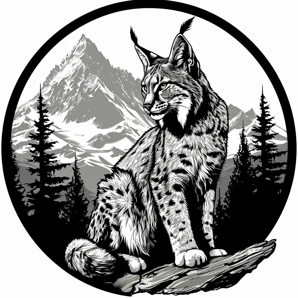 Majestic lynx cat with mountain and pine tree background