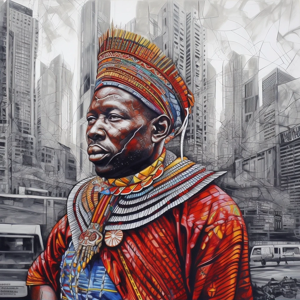 Maasai warrior in front of modern skyscraper