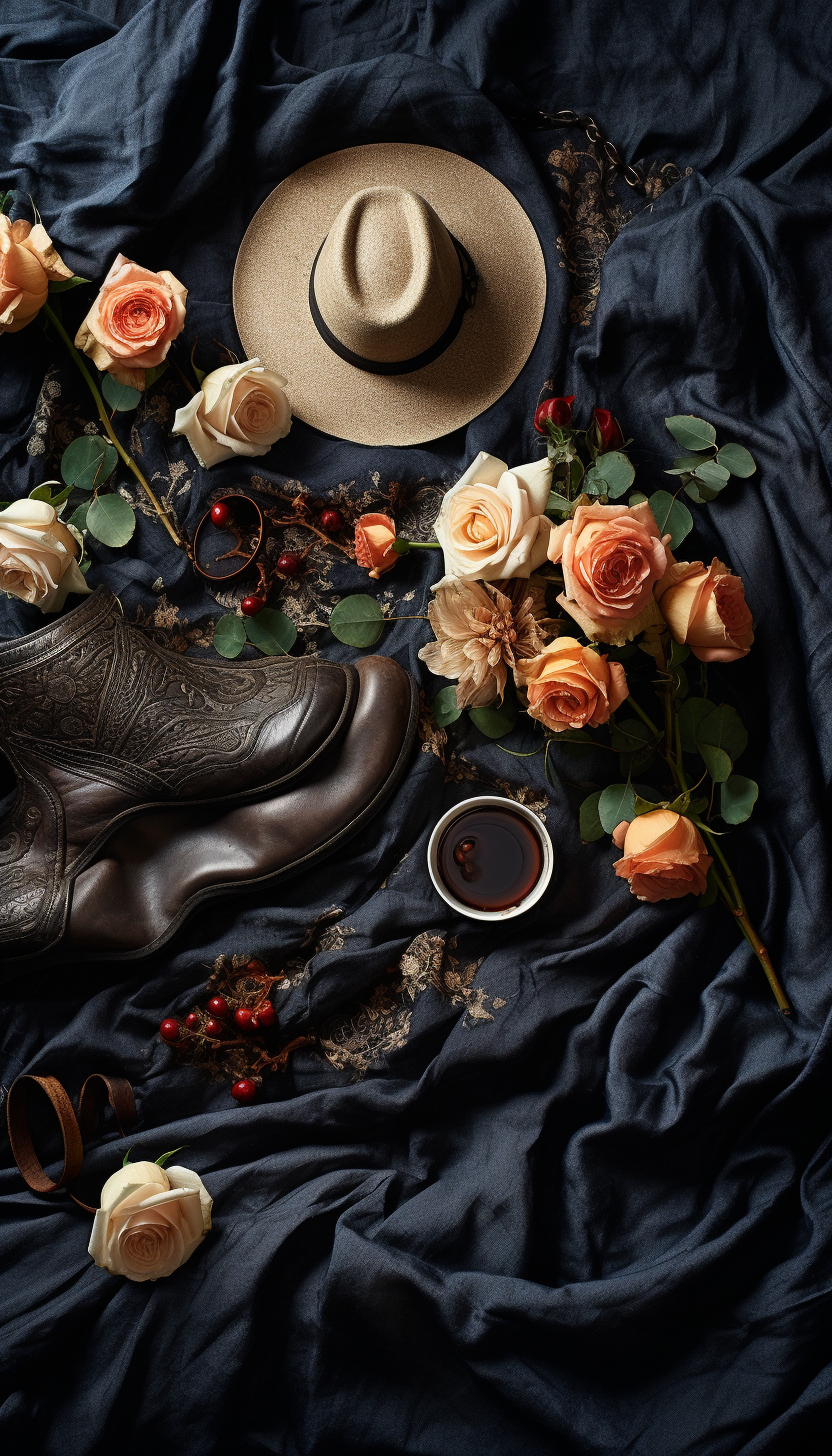 Macabre Gothic Cowboy Hat, Rope, Wilted Flowers, Gun