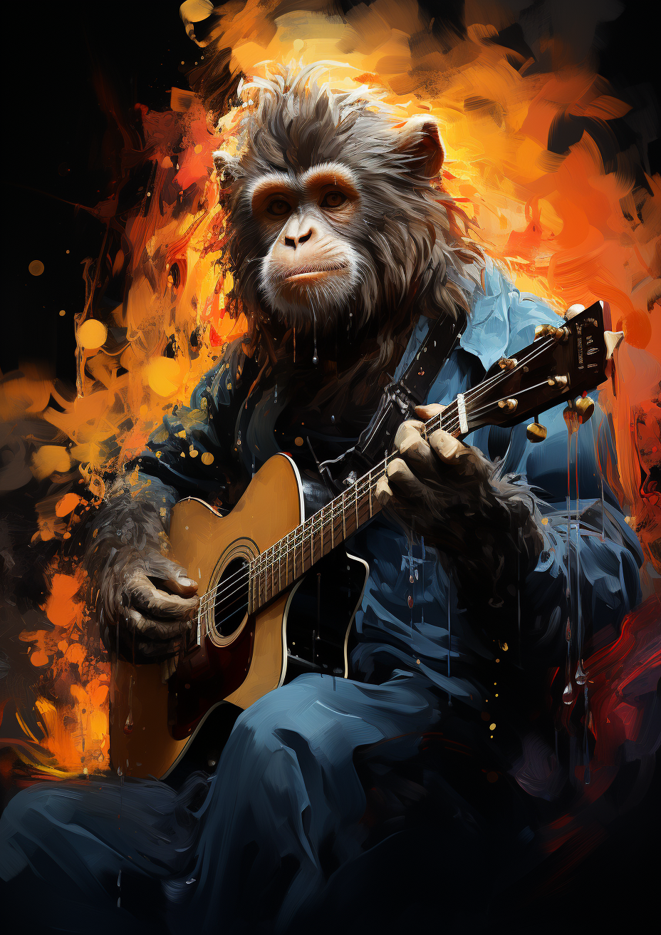 Japanese macaque with acoustic guitar on sparks background