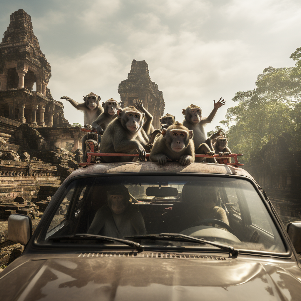 Macaque pulling car roof rubber