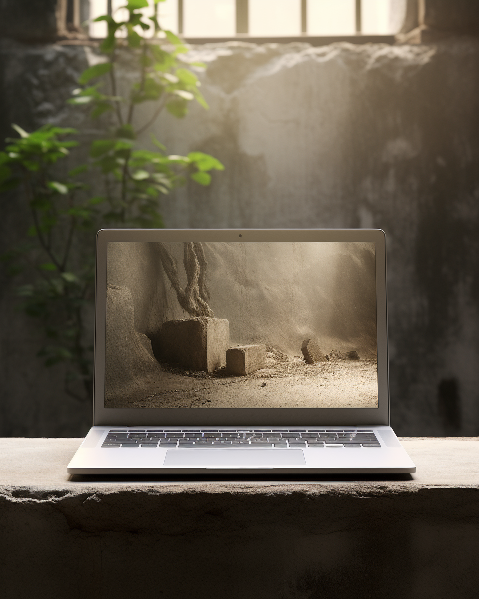 Macbook laptop on rustic concrete with natural lighting