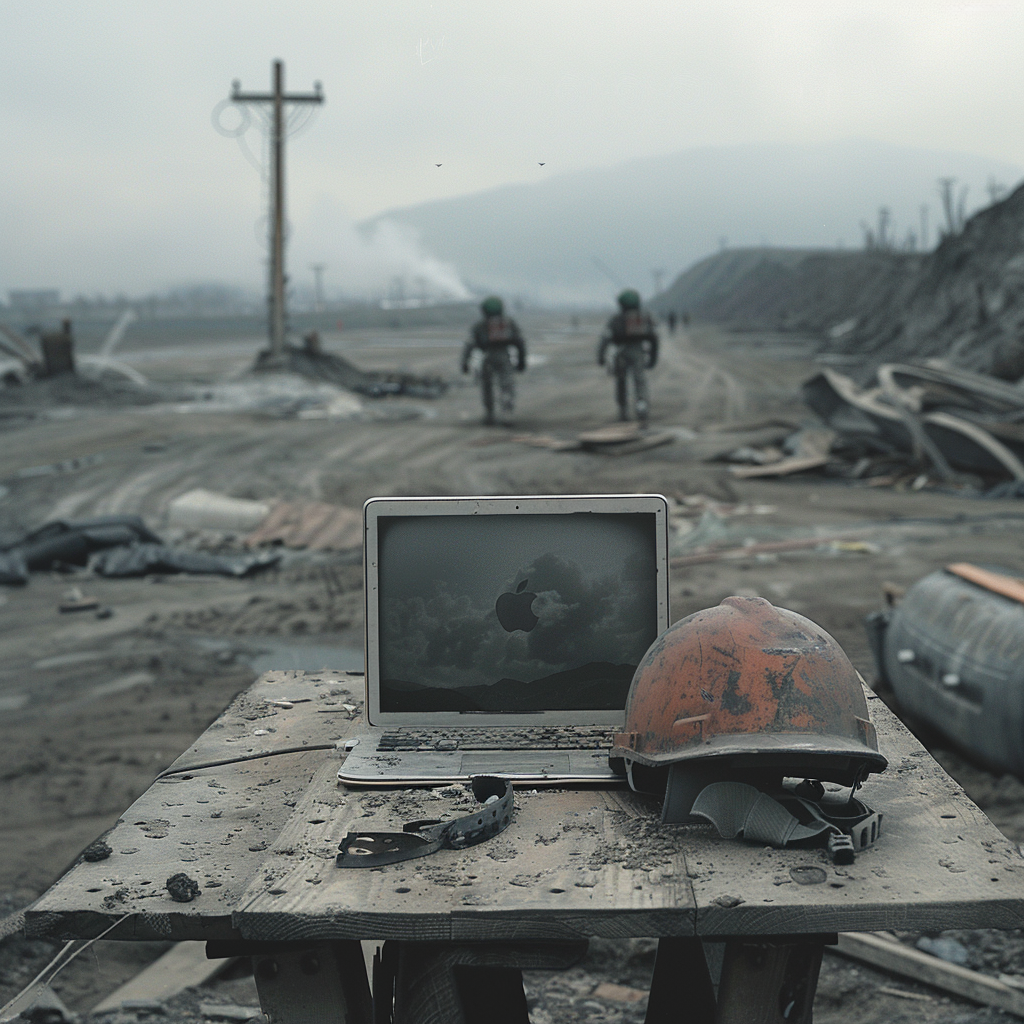 MacBook Pro and construction helmet in wasteland