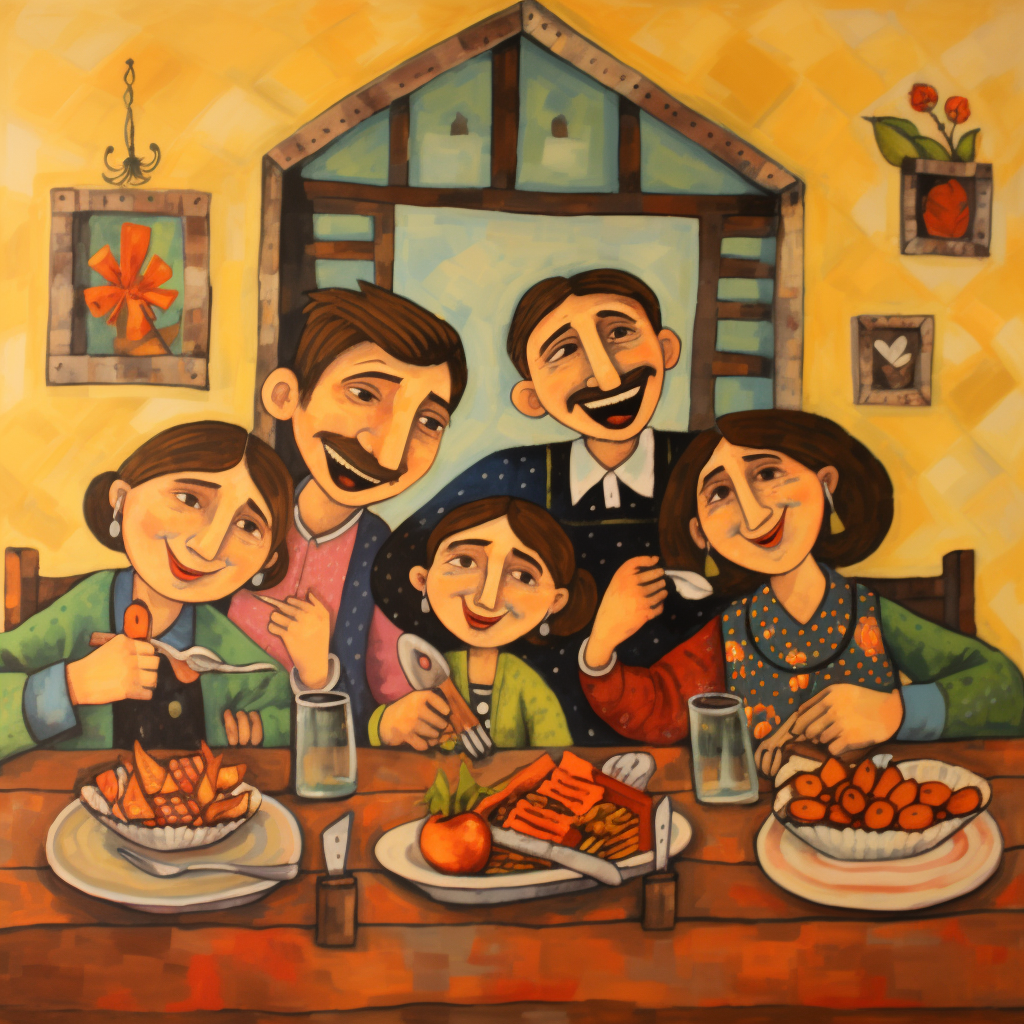 Macedonian family enjoying dinner together in oil painting style