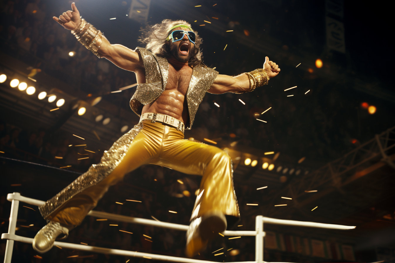 Macho Man Randy Savage jumping in the ring