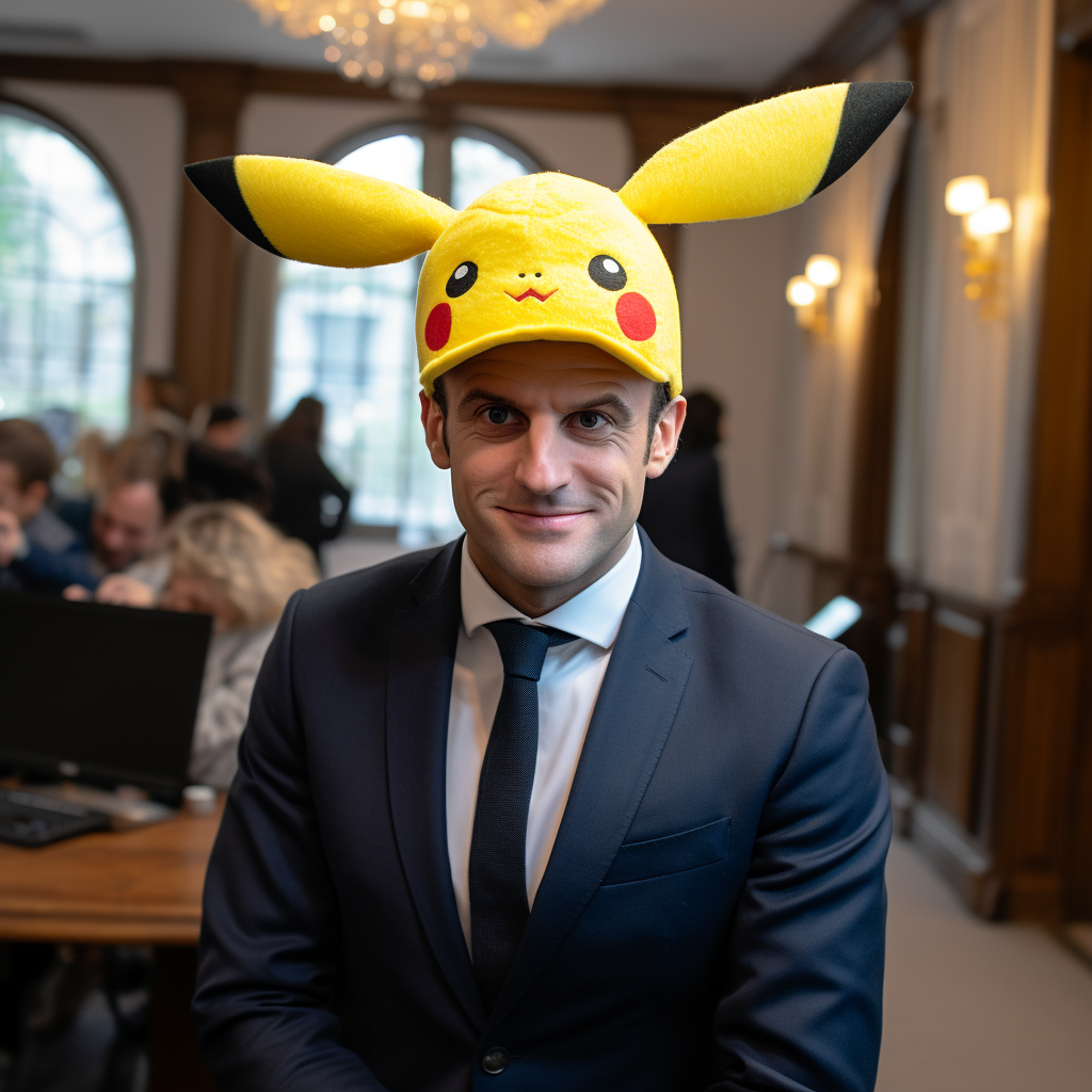 Macron braqueur de banque avec bonnet Pikachu